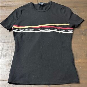 Burberry Black Tee with Red, Yellow, and White Stripes